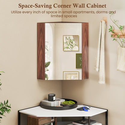 Space-Saving Corner Medicine Cabinet with Mirror Door & Adjustable Shelf for Bathroom - Brown