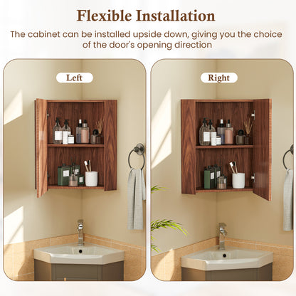 Space-Saving Corner Medicine Cabinet with Mirror Door & Adjustable Shelf for Bathroom - Brown