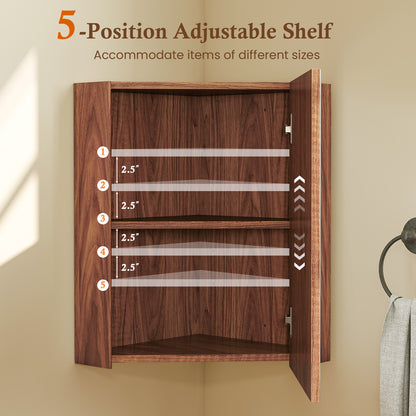 Space-Saving Corner Medicine Cabinet with Mirror Door & Adjustable Shelf for Bathroom - Brown