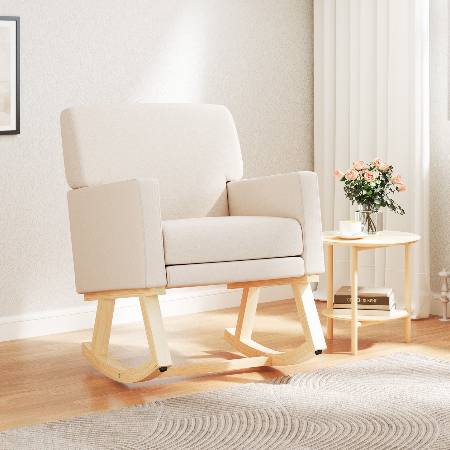 Comfortable Upholstered Rocker Chair with Ergonomic Design in Beige