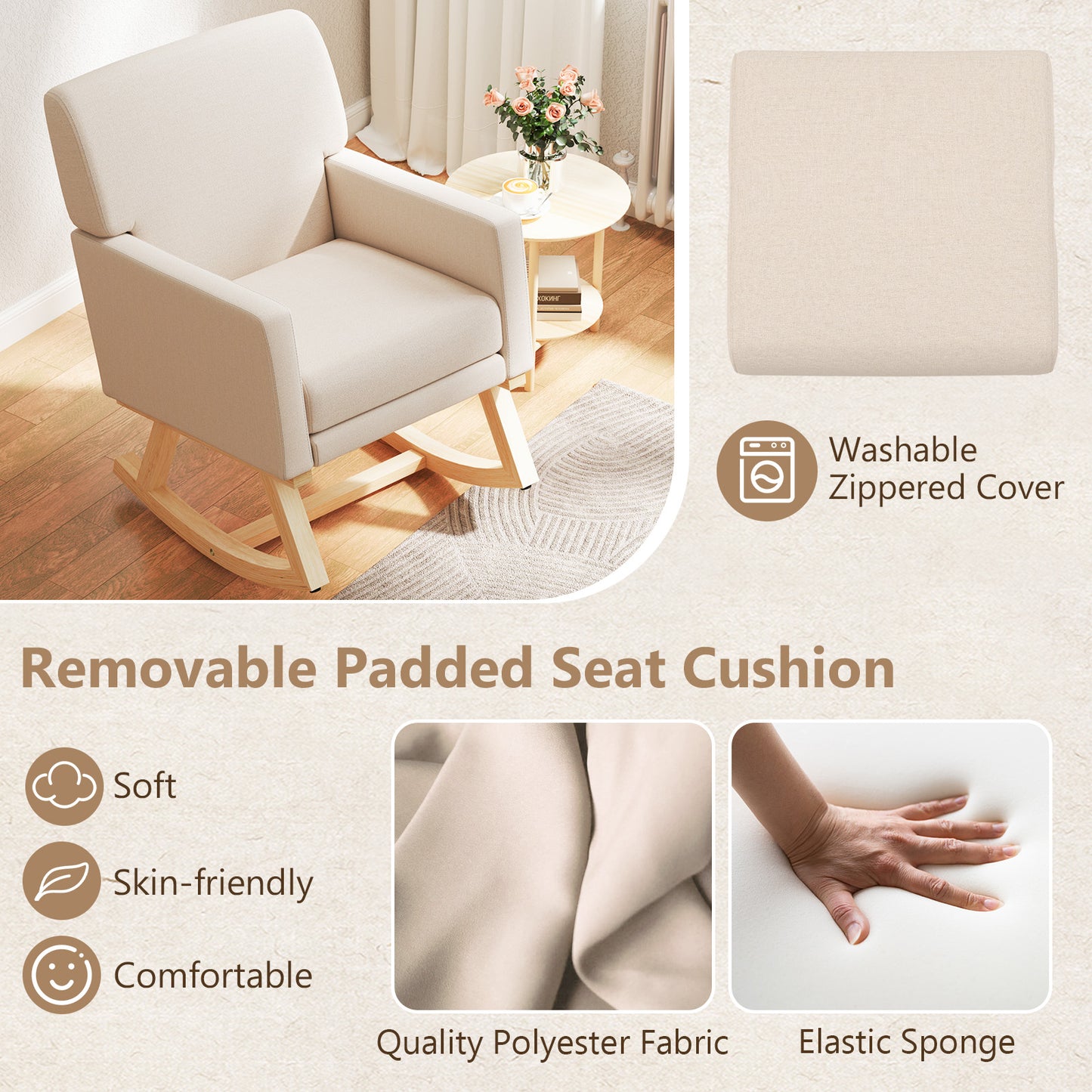 Comfortable Upholstered Rocker Chair with Ergonomic Design in Beige