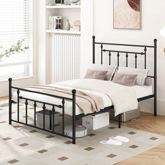 Black Metal Bed Frame with Slatted Base and Elevated Headboard, Full Size