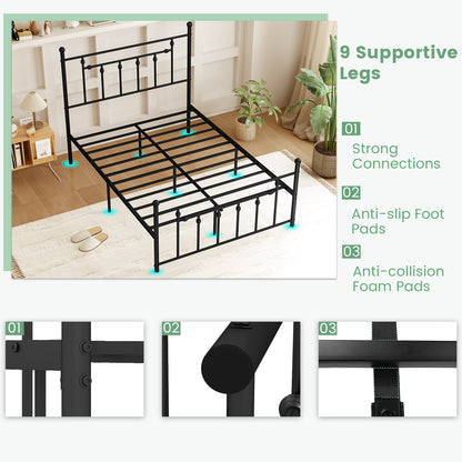 Black Metal Bed Frame with Slatted Base and Elevated Headboard, Full Size