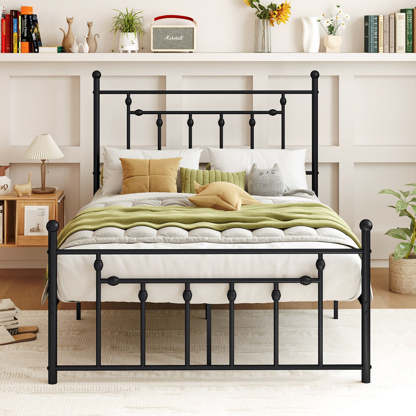 Black Metal Bed Frame with Slatted Base and Elevated Headboard, Full Size