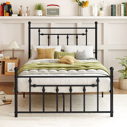 Black Metal Bed Frame with Slatted Base and Elevated Headboard, Full Size