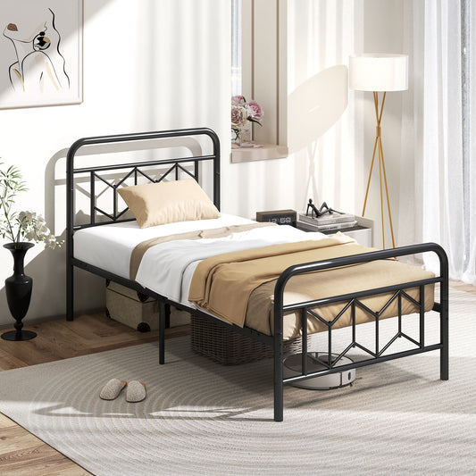 Modern Metal Platform Bed with Tall Graphic Headboard and Snap Lock Slats, Twin Size
