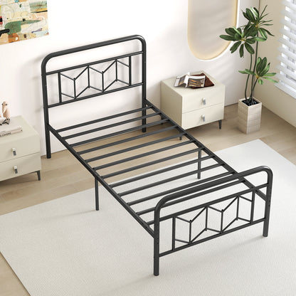 Modern Metal Platform Bed with Tall Graphic Headboard and Snap Lock Slats, Twin Size