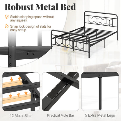 Modern Metal Platform Bed with Tall Graphic Headboard and Snap Lock Slats, Queen Size
