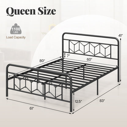 Modern Metal Platform Bed with Tall Graphic Headboard and Snap Lock Slats, Queen Size