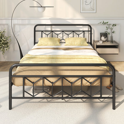 Modern Metal Platform Bed with Tall Graphic Headboard and Snap Lock Slats, Queen Size