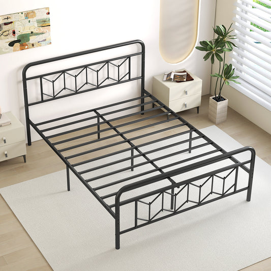 Modern Metal Platform Bed with Tall Graphic Headboard and Snap Lock Slats, Queen Size