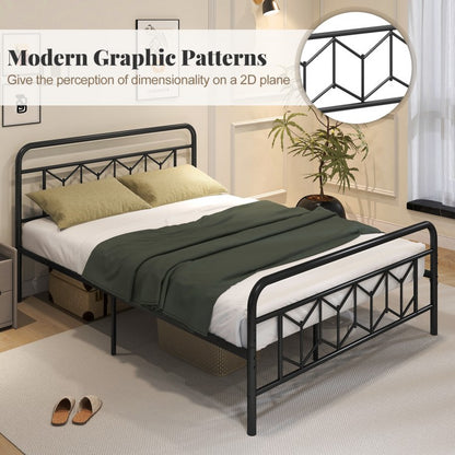 Modern Metal Platform Bed with Tall Graphic Headboard and Snap Lock Slats, Queen Size