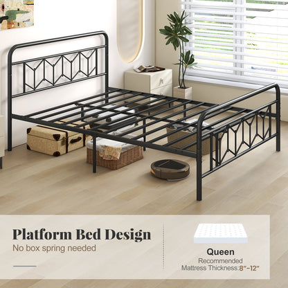 Modern Metal Platform Bed with Tall Graphic Headboard and Snap Lock Slats, Queen Size