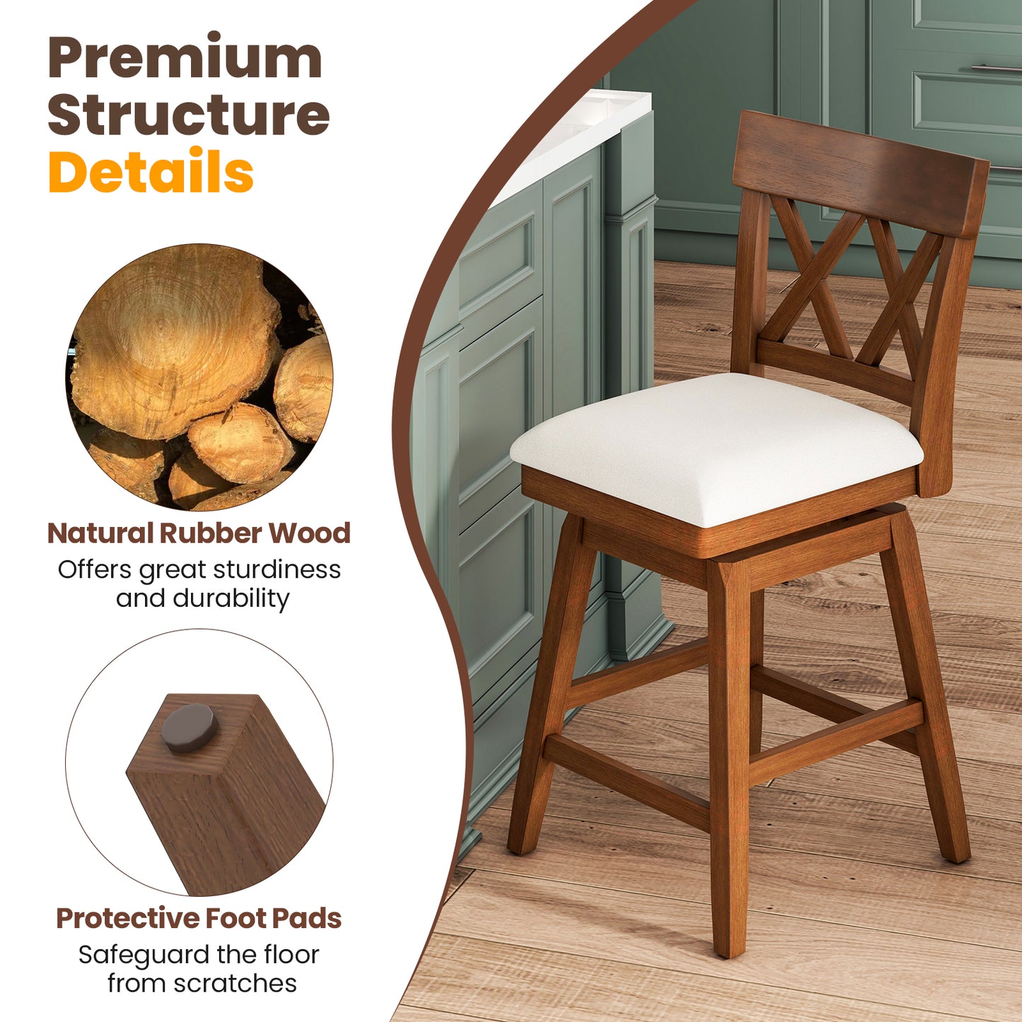 Swivel Bar Stool with Padded Seat and Ergonomic Backrest for Kitchen or Dining Space Brown 26 Inch