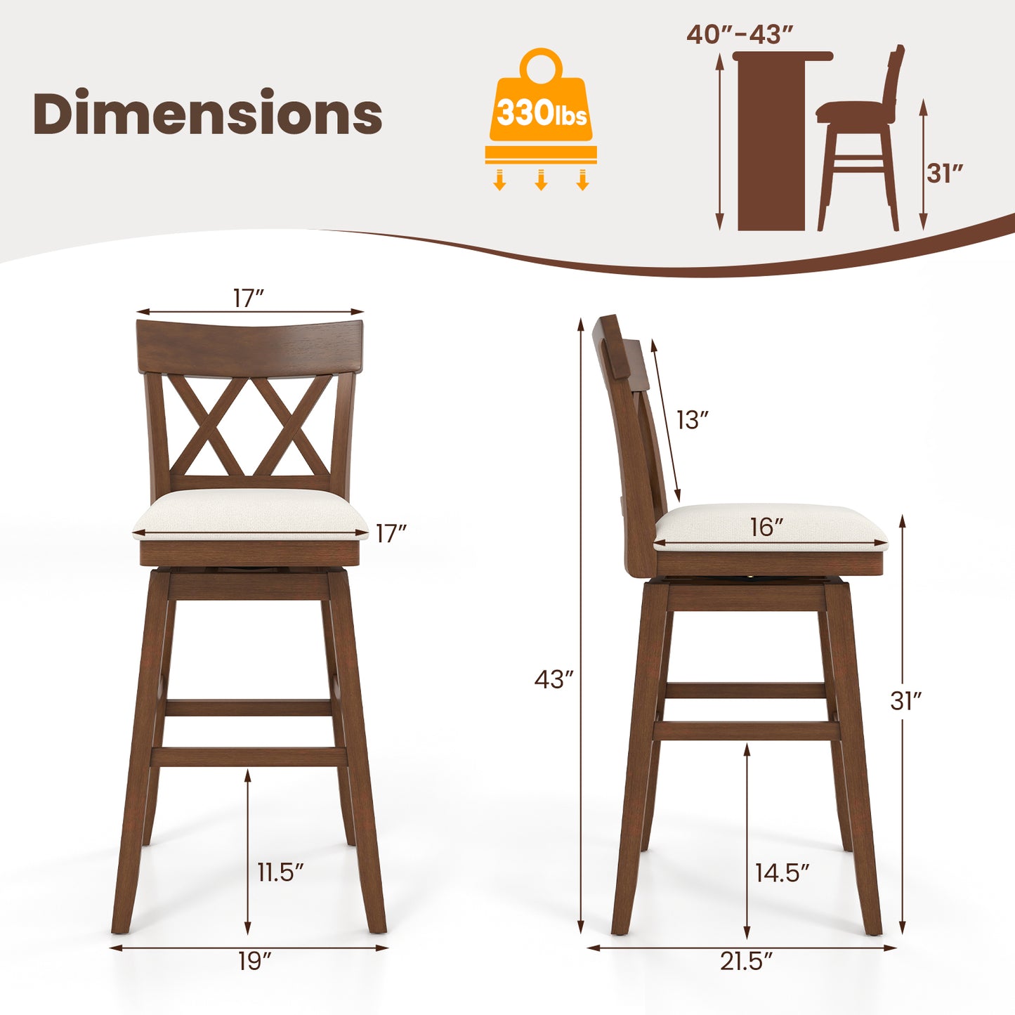 Swivel Bar Stool with Padded Seat and Ergonomic Backrest for Kitchen or Dining Space Brown 31 Inch