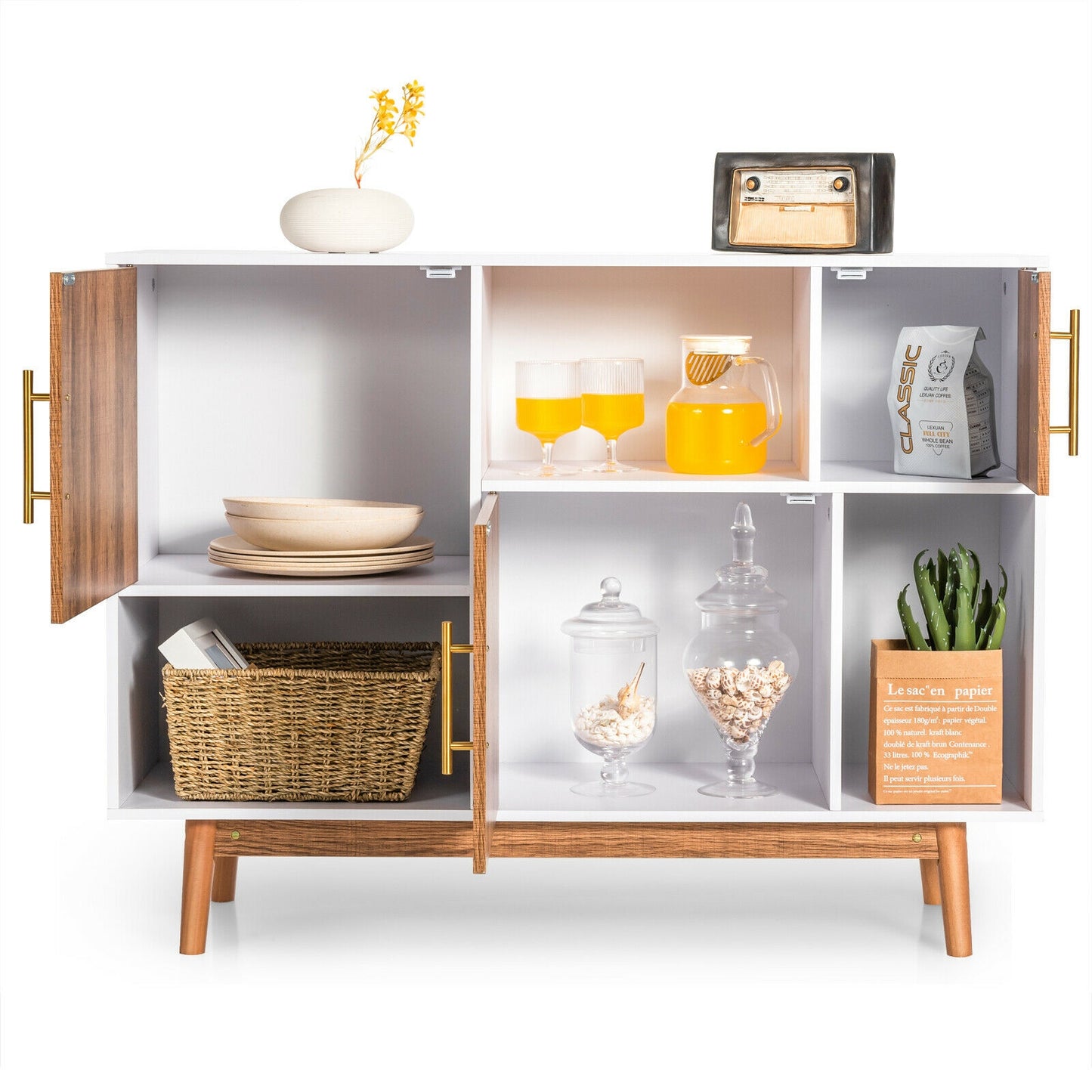 Contemporary Sideboard with 6 Storage Compartments and Cabinet Doors