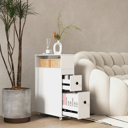 Slim White Bathroom Storage Cabinet with Slide Out Drawers & Rolling Wheels