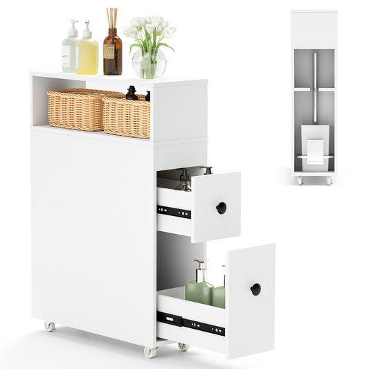 Slim White Bathroom Storage Cabinet with Slide Out Drawers & Rolling Wheels
