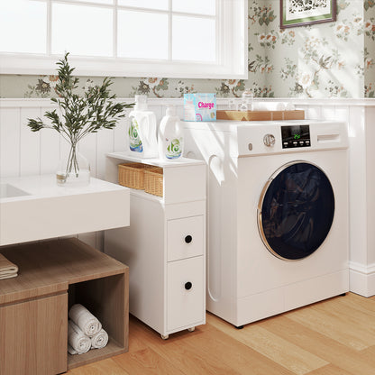 Slim White Bathroom Storage Cabinet with Slide Out Drawers & Rolling Wheels