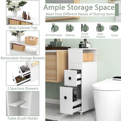 Slim White Bathroom Storage Cabinet with Slide Out Drawers & Rolling Wheels