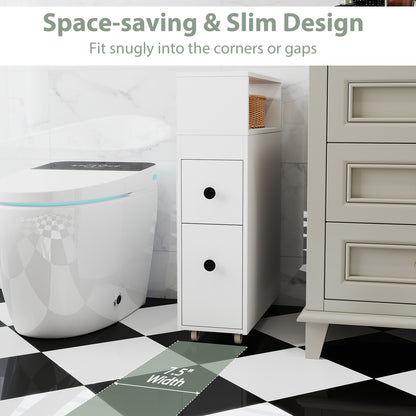 Slim White Bathroom Storage Cabinet with Slide Out Drawers & Rolling Wheels