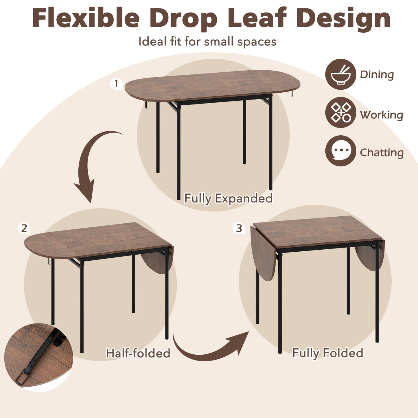 3 Piece Drop Leaf Dining Table Set with 2 Chairs for Small Kitchen or Apartment