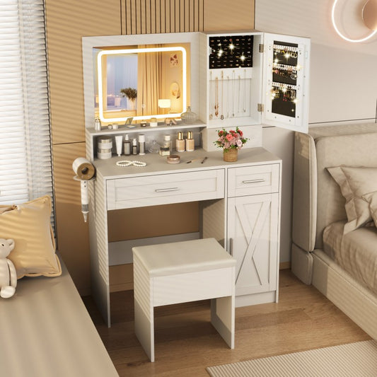 LED Lighted Vanity Desk with Mirror, Stool & Storage Drawers