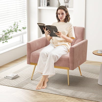 Elegant Velvet Accent Chair with Tufted Back and Gold Metal Legs, Pink