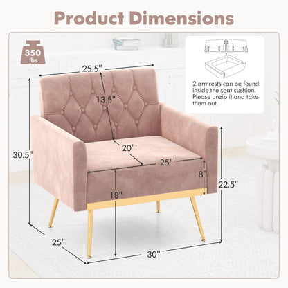 Elegant Velvet Accent Chair with Tufted Back and Gold Metal Legs, Pink