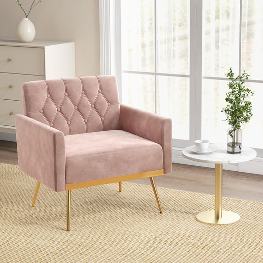 Elegant Velvet Accent Chair with Tufted Back and Gold Metal Legs, Pink
