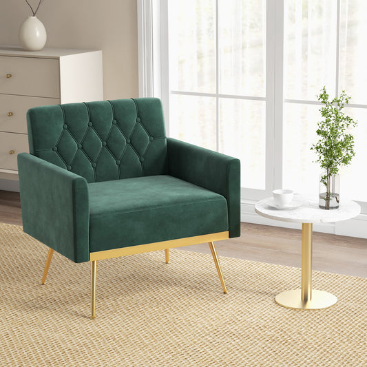 Elegant Velvet Accent Chair with Tufted Back and Gold Metal Legs, Dark Green