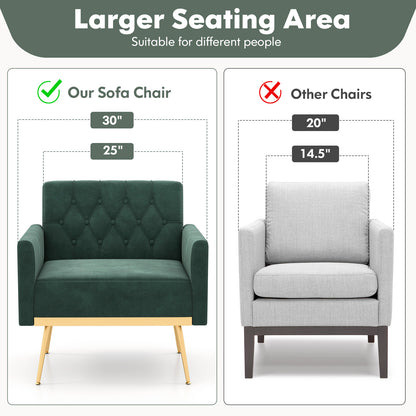 Elegant Velvet Accent Chair with Tufted Back and Gold Metal Legs, Dark Green