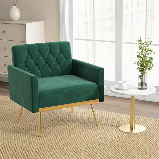 Elegant Velvet Accent Chair with Tufted Back and Gold Metal Legs, Green