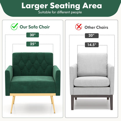 Elegant Velvet Accent Chair with Tufted Back and Gold Metal Legs, Green