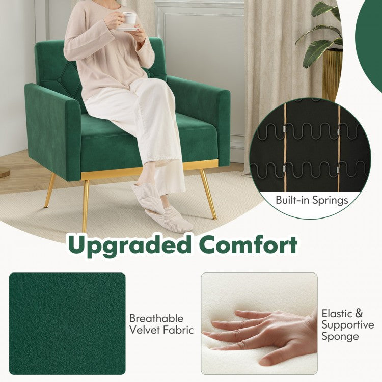 Elegant Velvet Accent Chair with Tufted Back and Gold Metal Legs, Green