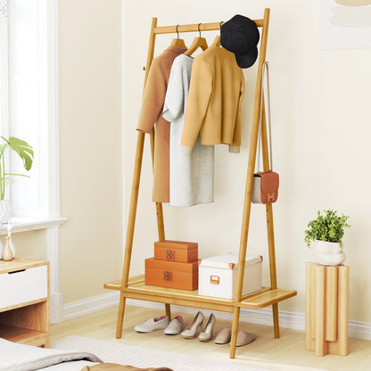 Bamboo Garment Rack with Hanging Rod, Rattan Shelf, and Copper Hooks – Natural