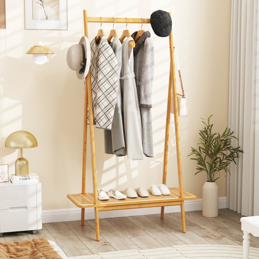 Bamboo Garment Rack with Hanging Rod, Rattan Shelf, and Copper Hooks – Natural