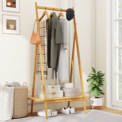 Bamboo Garment Rack with Hanging Rod, Rattan Shelf, and Copper Hooks – Natural