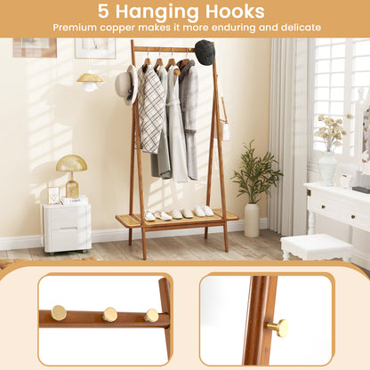 Bamboo Garment Rack with Hanging Rod, Rattan Shelf, and Copper Hooks – Brown