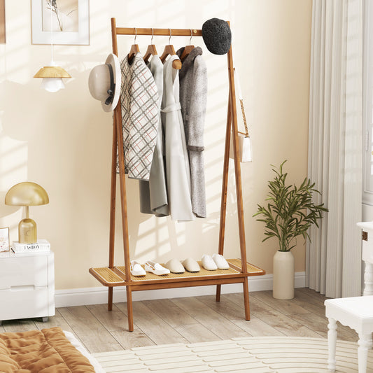 Bamboo Garment Rack with Hanging Rod, Rattan Shelf, and Copper Hooks – Brown