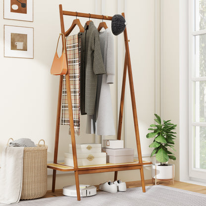 Bamboo Garment Rack with Hanging Rod, Rattan Shelf, and Copper Hooks – Brown