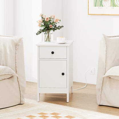 Nightstand with Flip-Top Power Station, USB Outlets, Drawer, and Storage Space – White