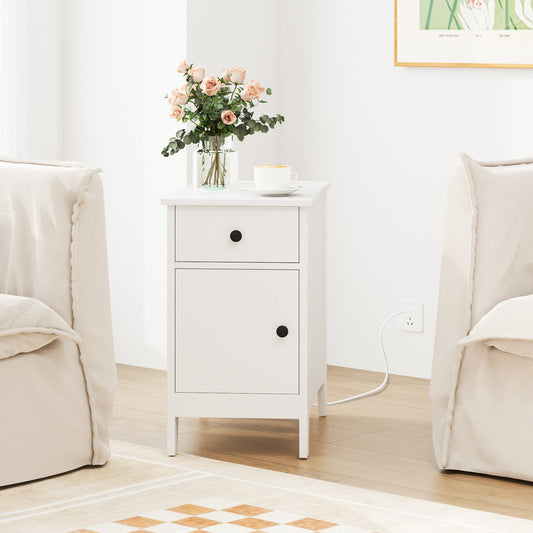 Nightstand with Flip-Top Power Station, USB Outlets, Drawer, and Storage Space – White