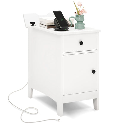 Nightstand with Flip-Top Power Station, USB Outlets, Drawer, and Storage Space – White