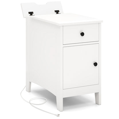 Nightstand with Flip-Top Power Station, USB Outlets, Drawer, and Storage Space – White
