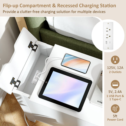 Nightstand with Flip-Top Power Station, USB Outlets, Drawer, and Storage Space – White