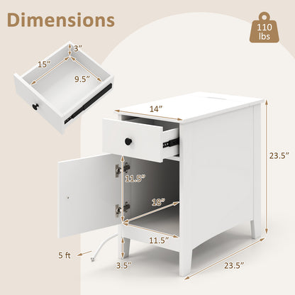 Nightstand with Flip-Top Power Station, USB Outlets, Drawer, and Storage Space – White