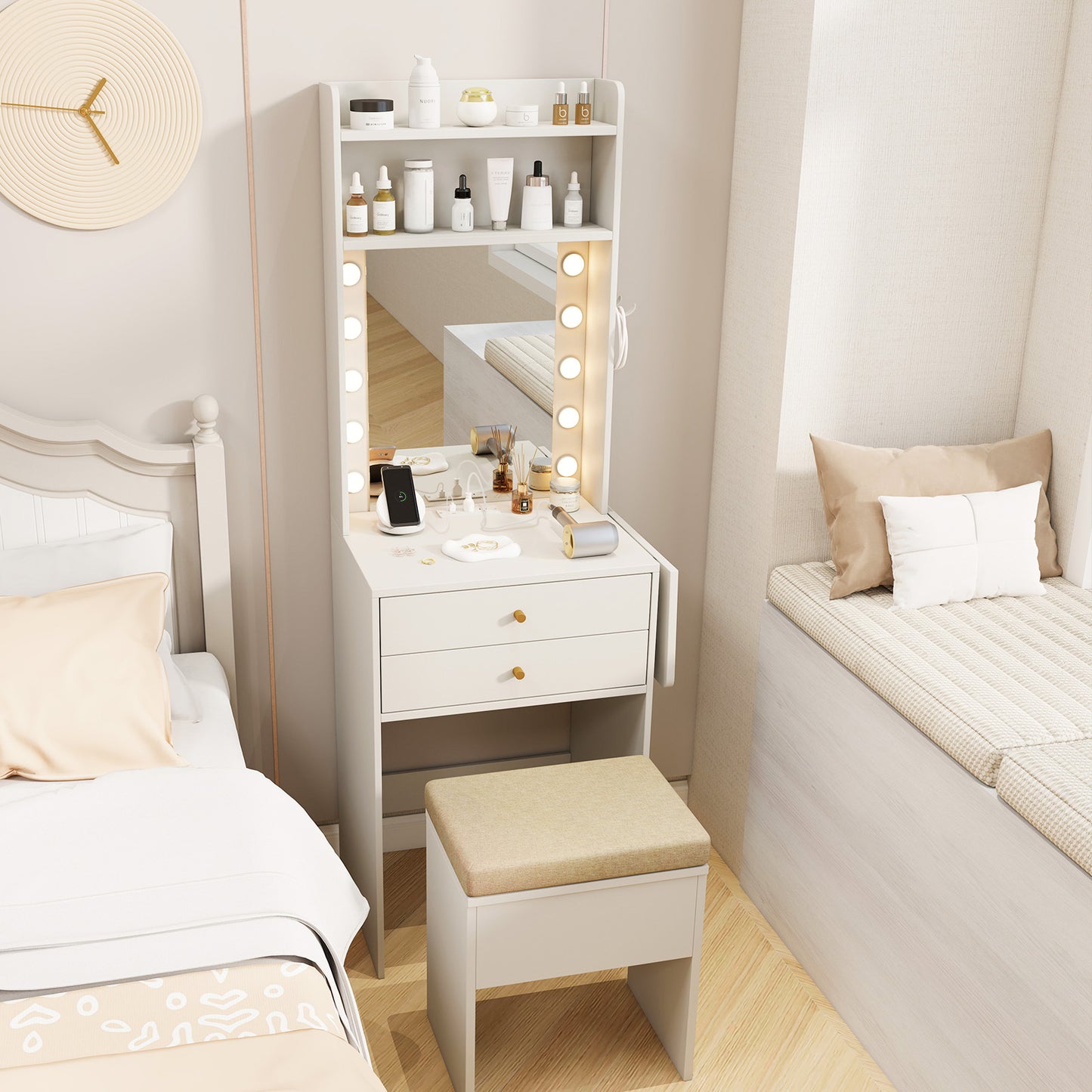 Compact Vanity Table Set with 3-Color LED Mirror, Charging Station and Storage Drawers – White