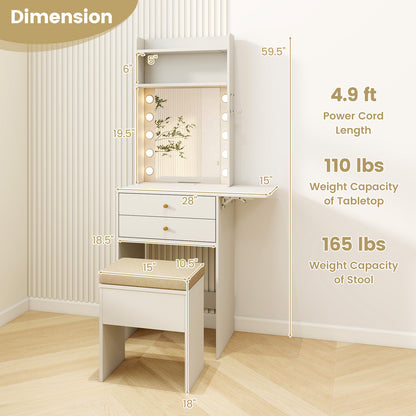 Compact Vanity Table Set with 3-Color LED Mirror, Charging Station and Storage Drawers – White