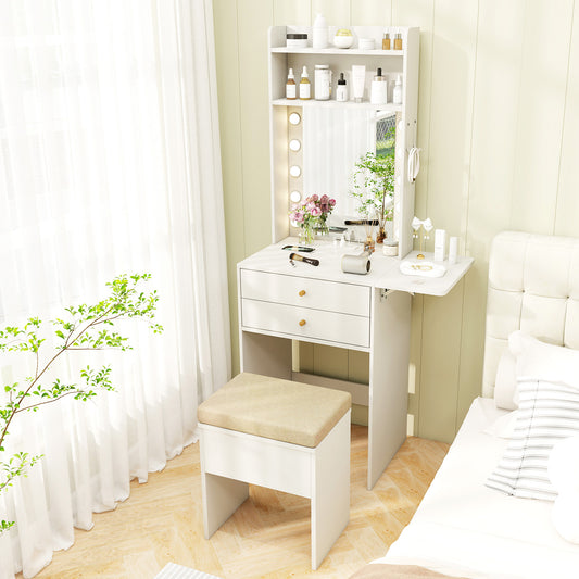 Compact Vanity Table Set with 3-Color LED Mirror, Charging Station and Storage Drawers – White